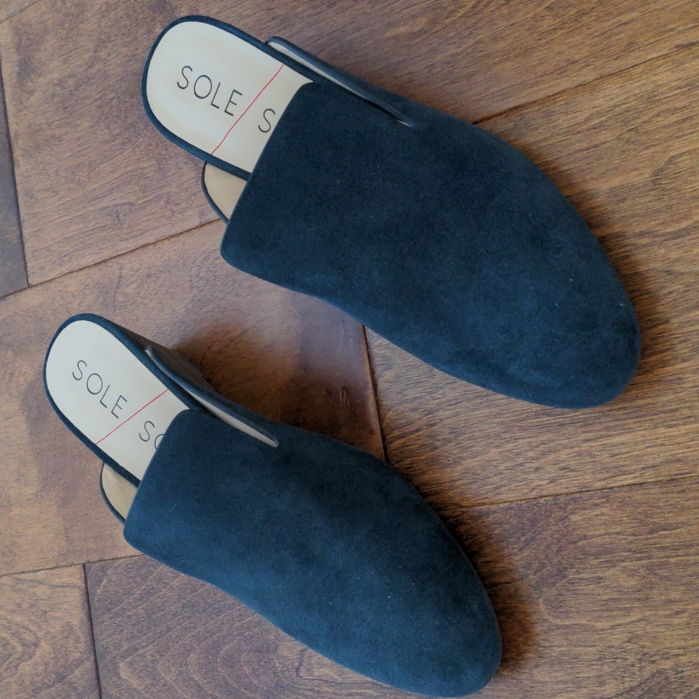 Navy blue heeled clog shoes